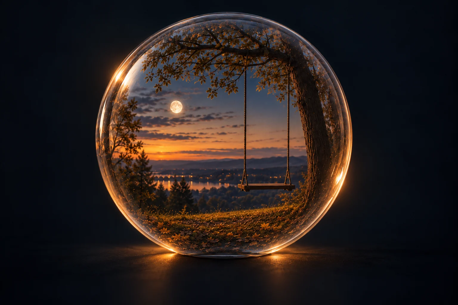 A glass sphere holding an autumn hillside at dusk. An empty rope swing hangs from a tree above fallen leaves, facing a lake, with the moon above.